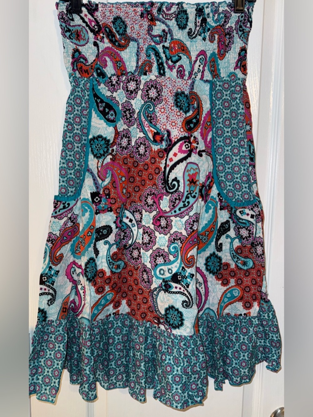 No Boundaries Paisley Strapless Dress/Skirt Blue Green Boho Y2K Size L